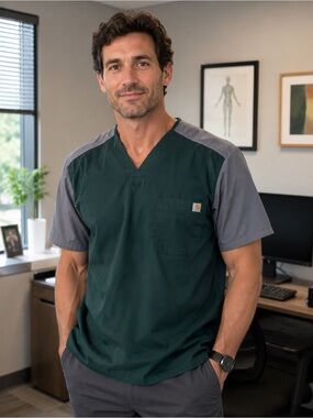 Carhartt Two-Tone V-Neck Scrub Top in Forest Green and Gray
